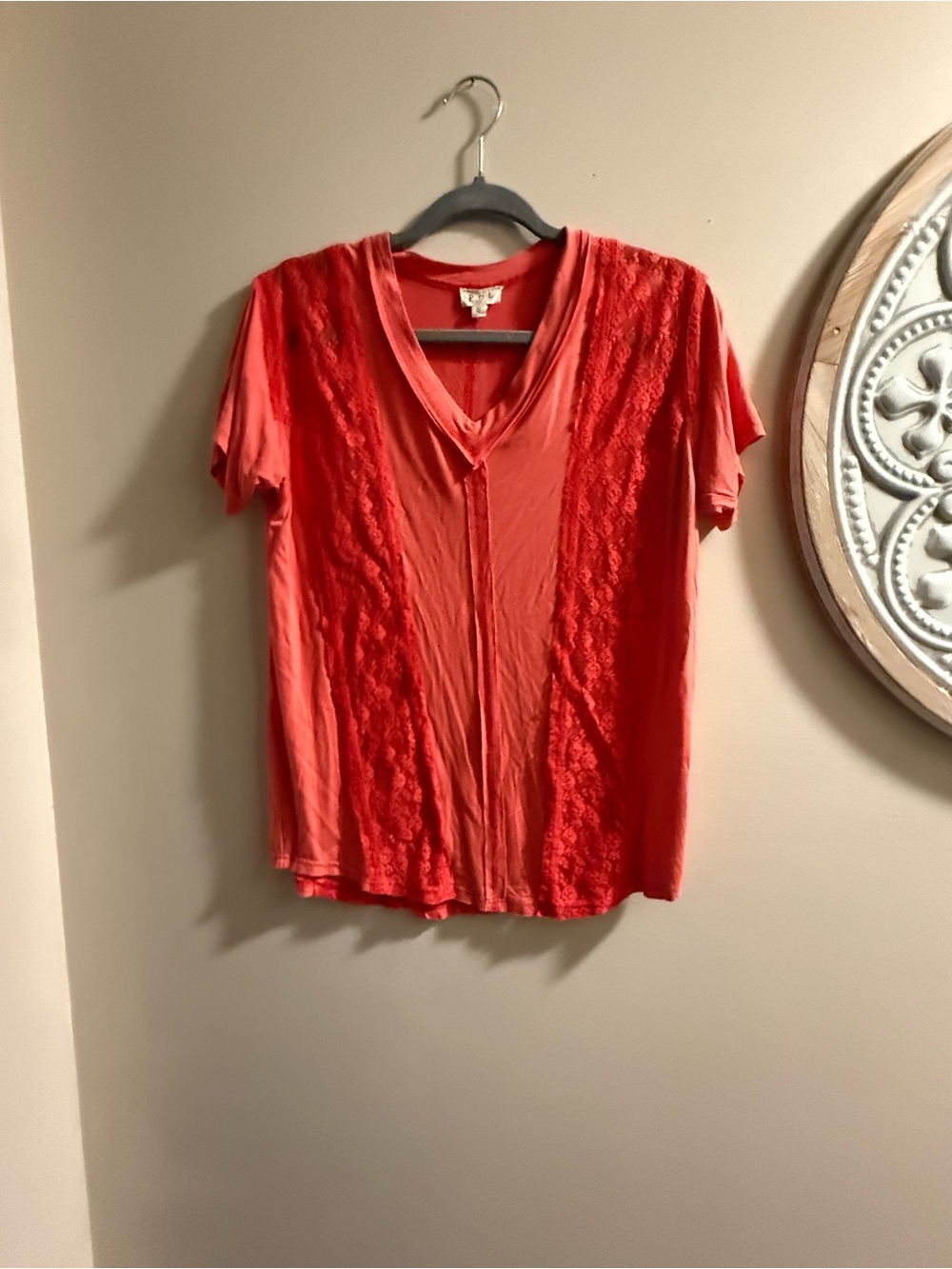 POL Coral V-Neck Short Sleeve Lace-Trim Tee